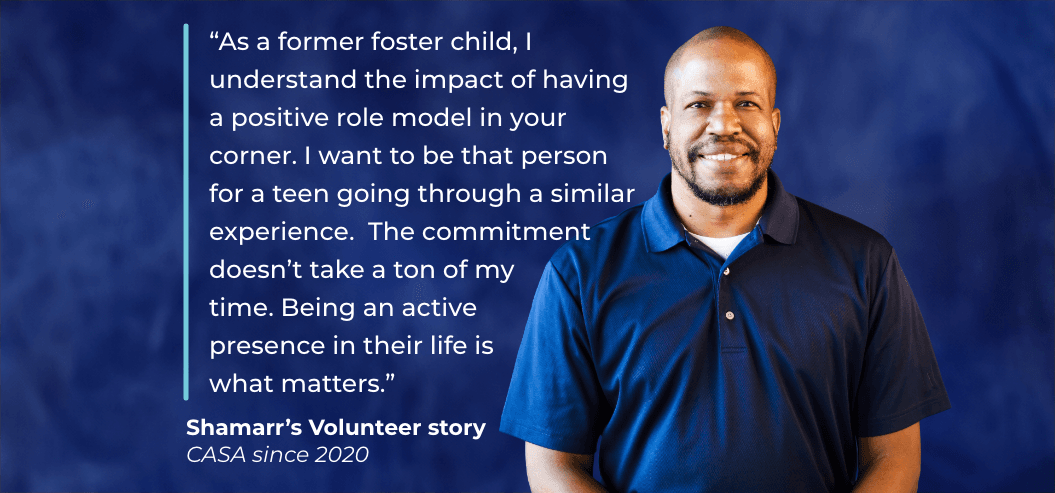 Man in blue shirt against blue background with testimonial: "“As a former foster child, I understand the impact of having a positive role model in your corner. I want to be that person for a teen going through a similar experience."