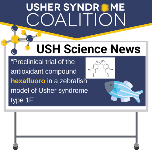 USH Science News: "Preclinical trial of the antioxidant compound hexafluoro in a zebrafish model of Usher syndrome type 1F." There's a small image of a DNA molecule.