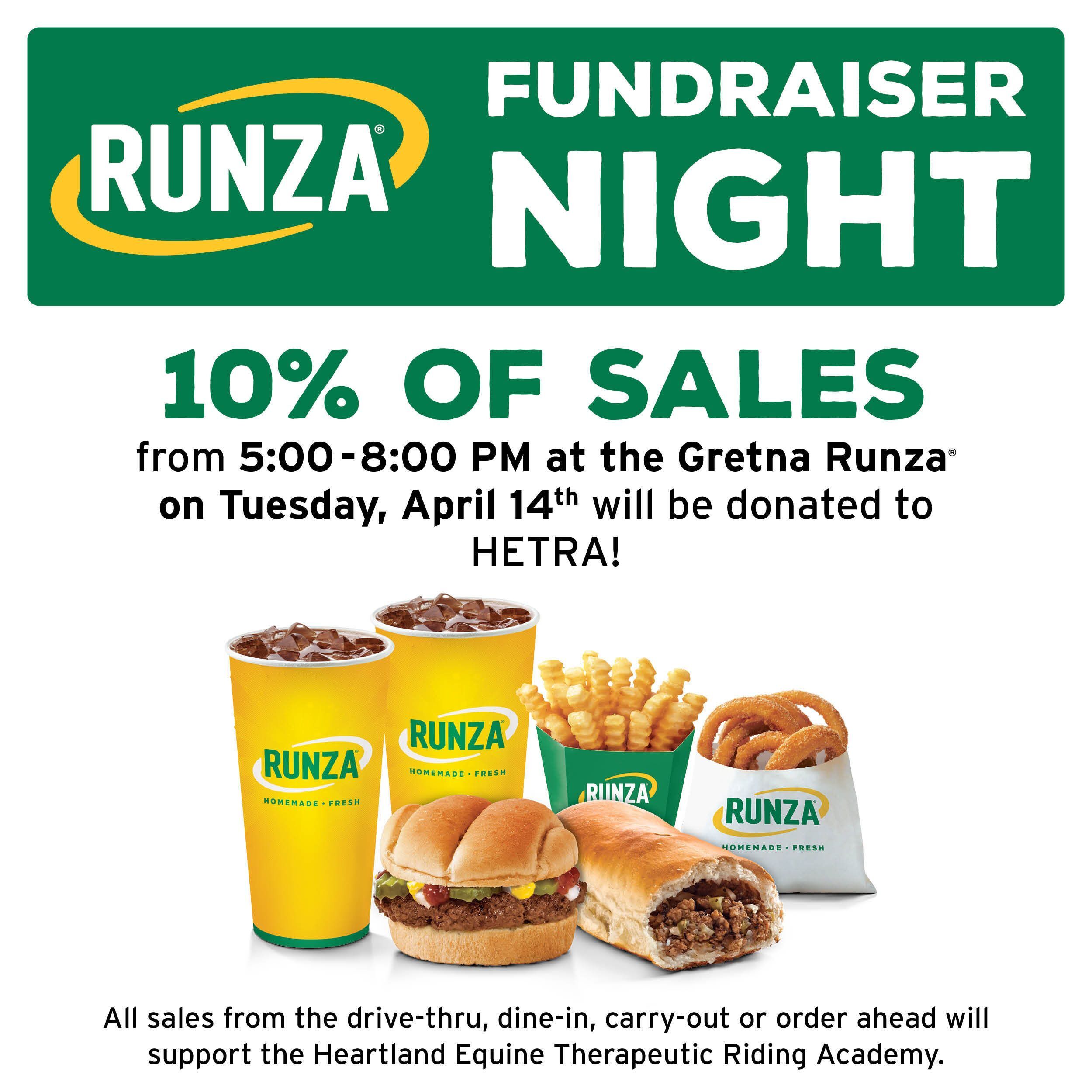 Runza Fundraiser Night in Gretna Tues Apr 14th