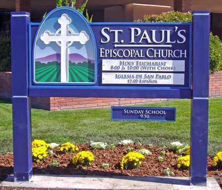 M4816 - Two Stepped  6 " x 6" Cedar Wood Side Posts and a  2" x 4" Bottom Horizontal Wood Beam Support  this St. Paul's Episcopal Church HDU Sign.