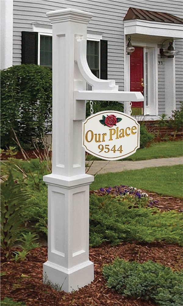 M9620- Mayne Woodhaven Molded HDPE Ornate Sign Post, White, with Hanging HDU Sign