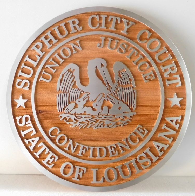 GP-1180 - Carved Plaque of the Seal of the Sulfur City Court of the State of Louisiana, Aluminum .Clad Cedar Wood