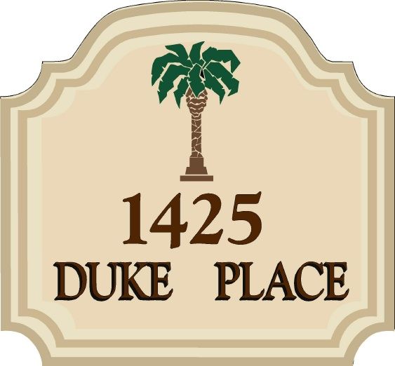 I18346 - Engraved Address Sign of a Residence, with Palm Tree as Artwork.