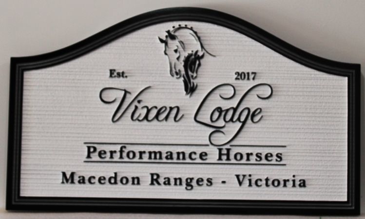 P25173 - Carved 2.5-D Raised Relief and Sandblasted Wood Grain  HDU Entrance  Sign for "Vixen Lodge - Performance Horses", with Outline of a Horse's Head as Artwork