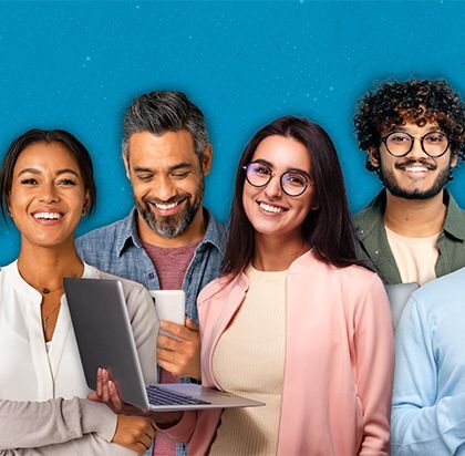 A group of four diverse individuals smiling against a blue background.