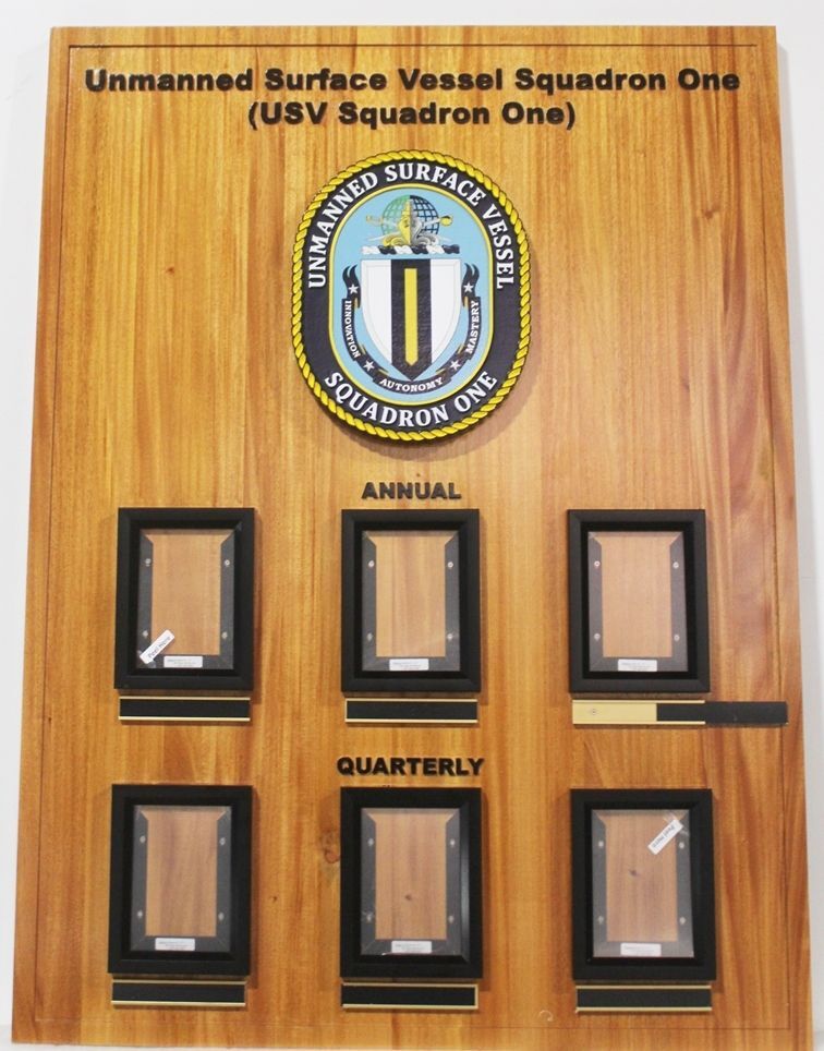 JP-1348- Carved Redwood Annual and Quarterly  Award Photo Board for Unmanned Surface Vessel Squadron One (USV Squadron One)