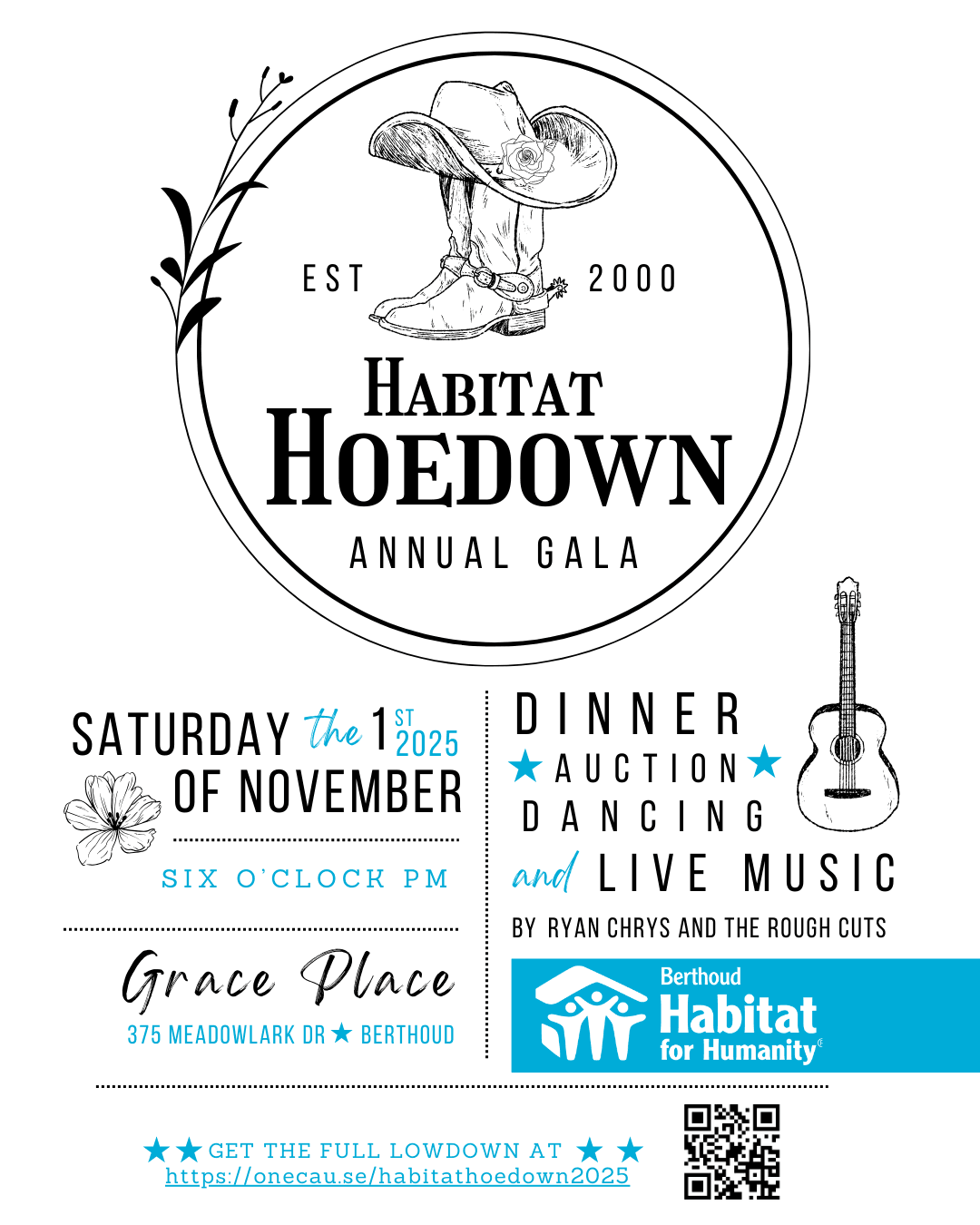 Habitat Hoedown 2025 on November 1st, at Grace Place Berthoud Colorado. At 6 pm. There will be dancing, auctions, live music and dinner. Buy your ticket today at https://onecau.se/habitathoedown2025