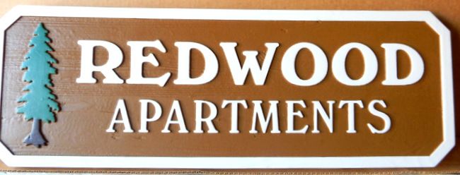 K20172 - Carved Redwood  Sign for Redwood Apartments, Carved Redwood Tree 