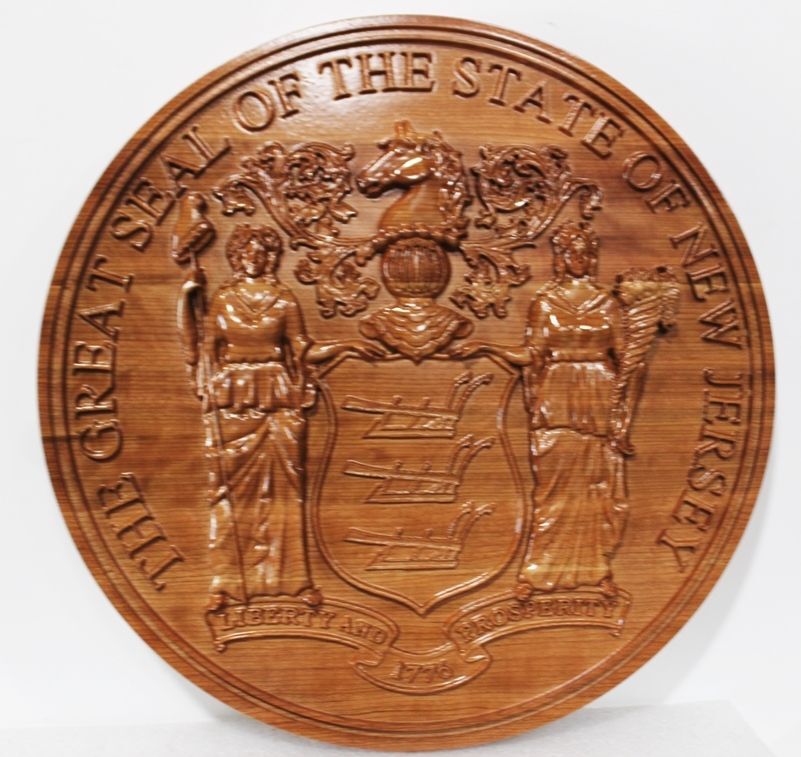 BP-1377 - Carved 3-D Bas-relief  Mahogany Wood Plaque of the Great Seal of the State of Illinois