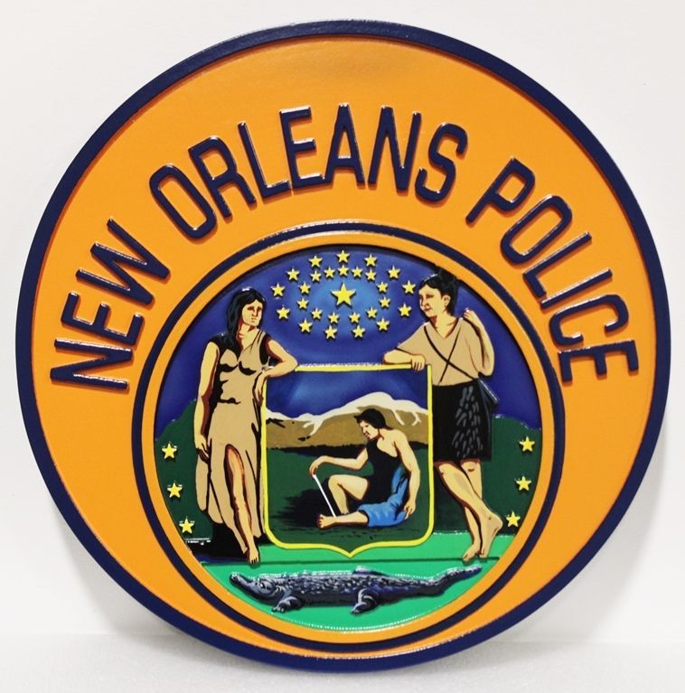 PP-2458 - Carved  Wall Plaque of the Shoulder Patch of the New Orleans Police, Louisiana, Artist Painted