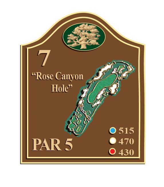 E14322 - Brown Dimensional Golf Course Tee #7  Sign with Hole Layout