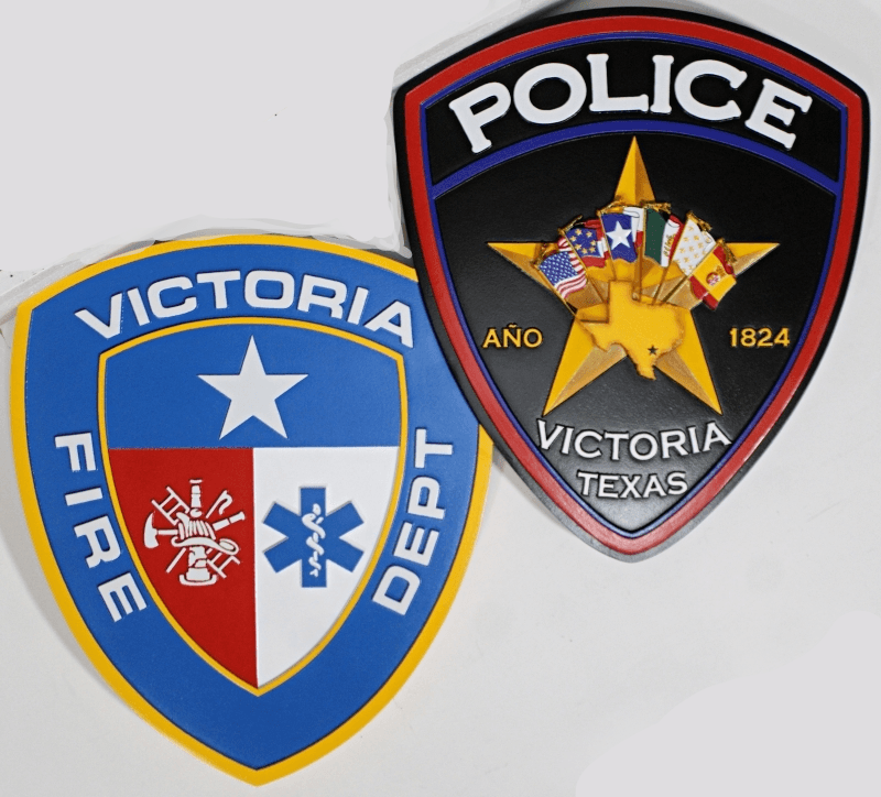 PP-1940 - Carved 2.5-D Multi-Level Artist-Painted Wall Plaque Badge of the Fire and Police Department of the City of  Victoria, Texas 