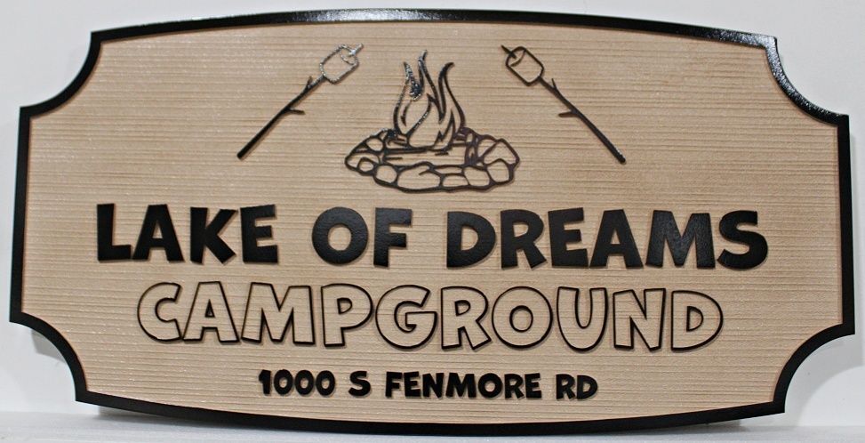 G16298 - Carved and Sandblasted Wood Grain HDU Entrance Sign for "Lake of Dreams Campground"