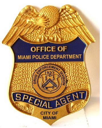 PP-1460 - Carved Wall Plaque of the   Badge of  Special Agent, Miami Police Department,   Painted Metallic Gold 