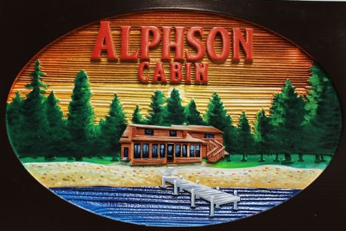 M22363- Carved and Sandblasted Wood Grain HDU "Alphson Cabin" , 2.5-D Artist-Painted, with Cabin and Trees  as Artwork 