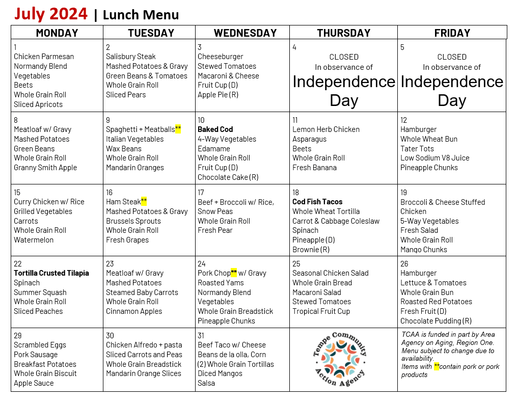 July Meal Calendar