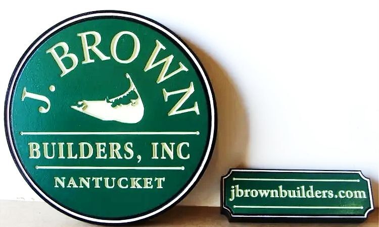 SC38148 - Engraved HDU Signs for "J. Brown Builders"  Company in Nantucket , with Whalebone Logo as Artwork