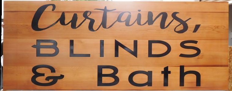 SA28461 -  Carved Cedar wood sign for the  "Curtains, Blinds and Bath" Store.