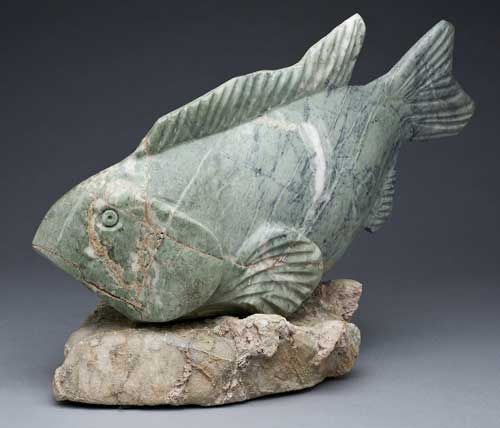 Rock Fish, Tri-color marble on marble base, 16" x 11" x 5"