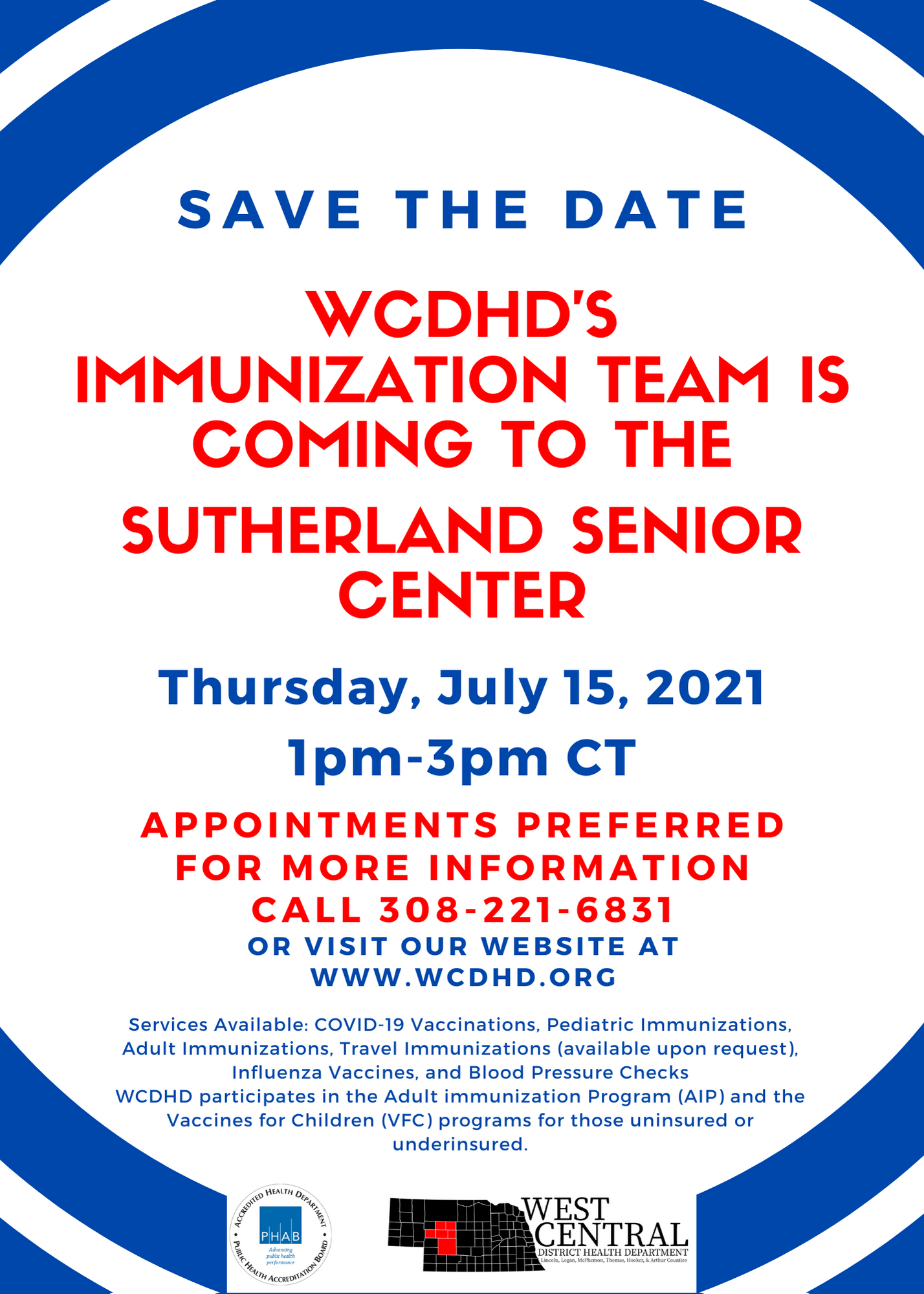 WCDHD's Immunization Team is coming to the Sutherland Senior Center