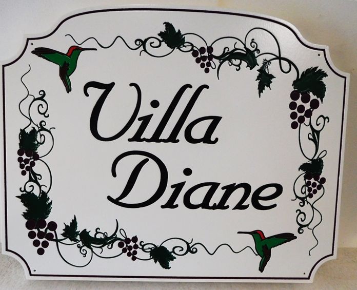 I18511 - Engraved High-Density-Urethane (HDU)  Property Name  Sign made for a Residence., "Villa Diane"., with Hummingbirds and Grapevines as Artwork