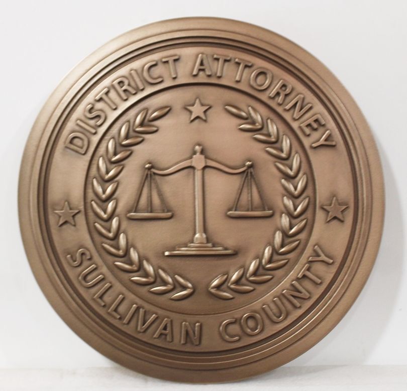 HP-1523 - Carved 2.5-D Multi-Level Bronze-Plated Plaque of the Seal of the District Attorney, Sullivan County,  State of New York