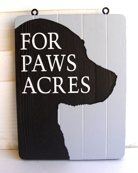 I18608 - Carved Property Name Sign, "Four Paws Acres", in Shape of Dog's Head