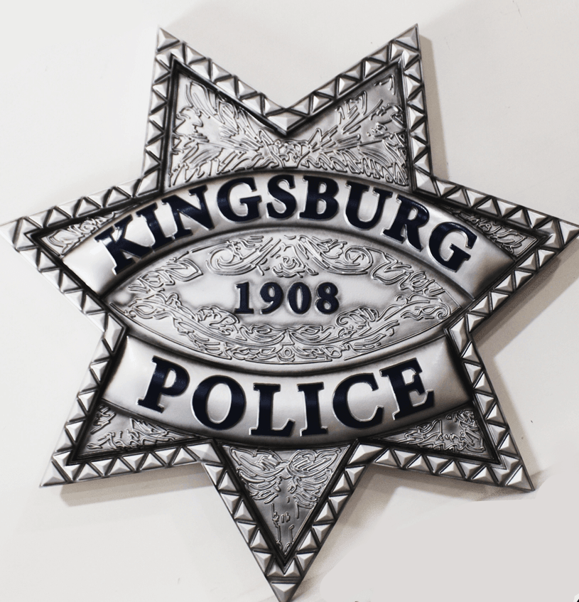 PP-1701 - Carved Wall Plaque of the Kingsburg Police Badge, Metallic Silver Painted
