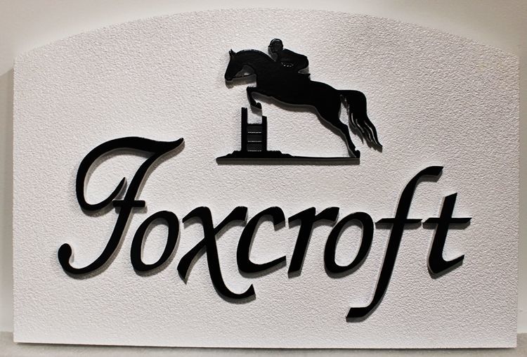 P25115 - Carved and Sandblasted    "Foxcroft" Sign , with the Silhouette of an Equestrian going over a Jump as Artwork   