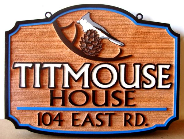 I18509 - Carved and Sandblasted Property Name and Address Sign, "The Titmouse House", with Bird on a Branch and Acorn as Artwork