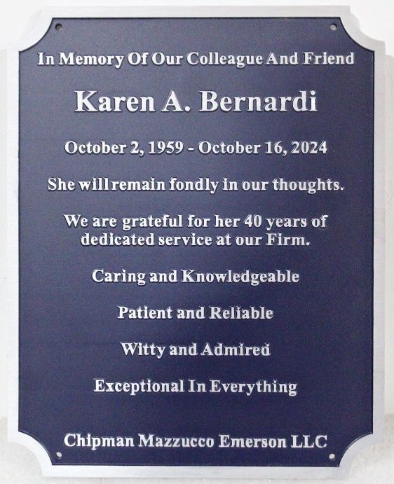 GC16548- Carved HDU Wall Plaque for "Karen A. Bernardi, Our Colleague and Friend"