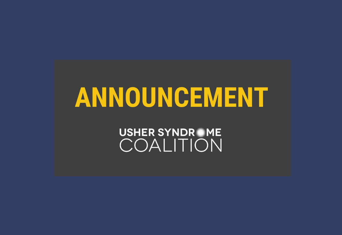 Text reads "Announcement" in gold on dark gray background with the Usher Syndrome Coalition logo below it.