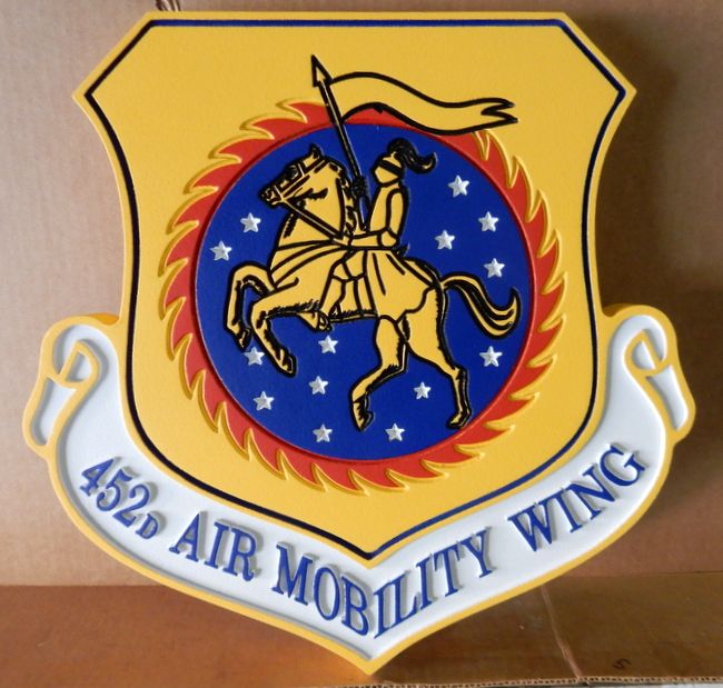 LP-5640 - Carved  Plaque of the Shield Crest of the 452nd Mobility Wing , 2.5-D  Artist Painted