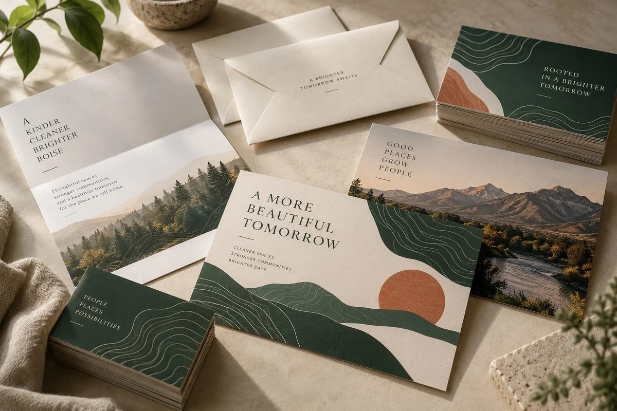 Illustrative coordinated campaign with oversized postcards and printed mailpieces