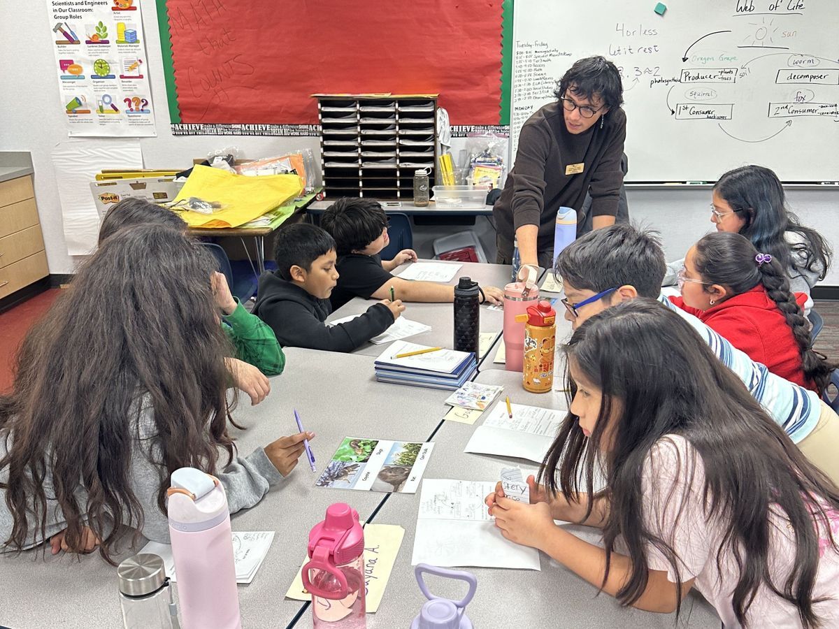 An educator leaning over desks at a school talking with students about a naturalist lesson.