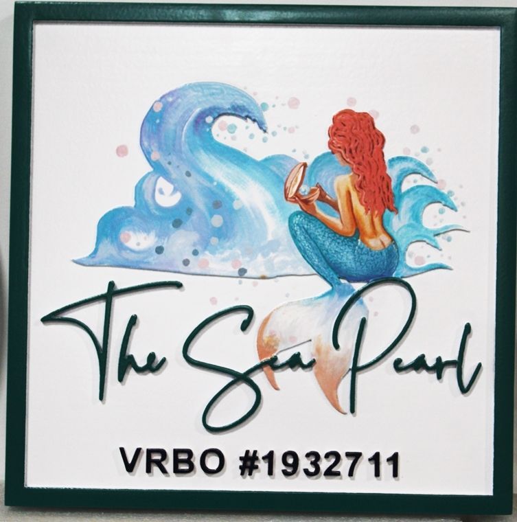 L21907 -  Carved 2.5-D Multi-Level Raised Relief HDU Sign for the VRBO "The Sea Pearl" . with a Mermaid Viewing a Large Wave as Artwork