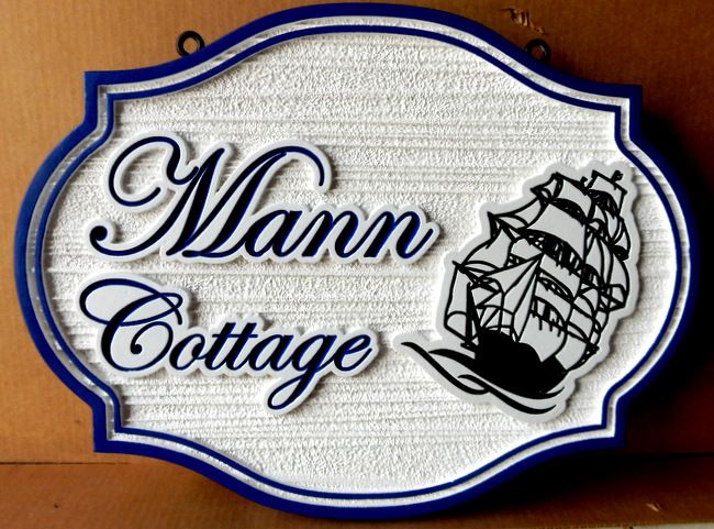 L21752 - Engraved and Sandblasted Seaside Cottage Sign with Clipper Ship as Artwork 