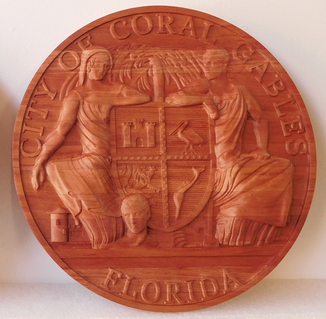 WM1060 - Seal of the City of Coral Gables, Florida, 3-D Stained Mahogany