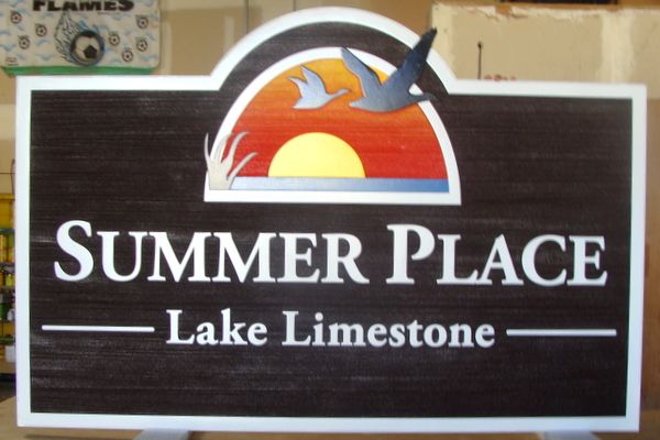 M22380 - Carved Sign for Lake House, " Summer Place", with Sunset over a Lake and Flying Geese