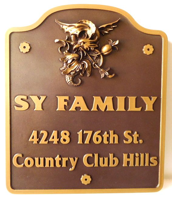 I18014 - Formal Residence Entrance Sign, with Carved 3-D Bronze Emblem/Coat-of-Arms 