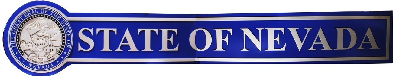 BP-1342 - Carved Nevada Sign with Great Seal, Aluminum Plated and Painted Dark Blue