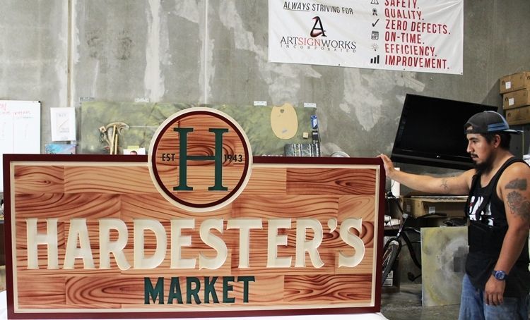 Q25639 - Engraved HDU Sign for Hardester's Market, with Background  Painted in a Wood Grain and Board  Pattern 