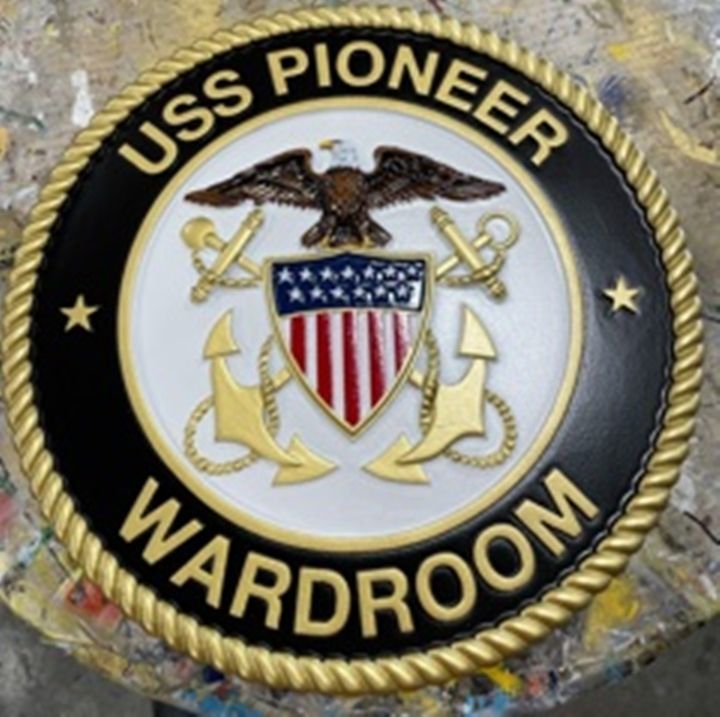JP-1311 - Carved 3-D Ba-Relief Artist-Painted HDU Navy Emblem Plaque for the Wardroom of the Navy Ship USS Pioneer