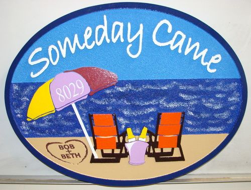 L21003 - Beachhouse Address Sign "Someday Came" with Two Chairs and Umbrella 