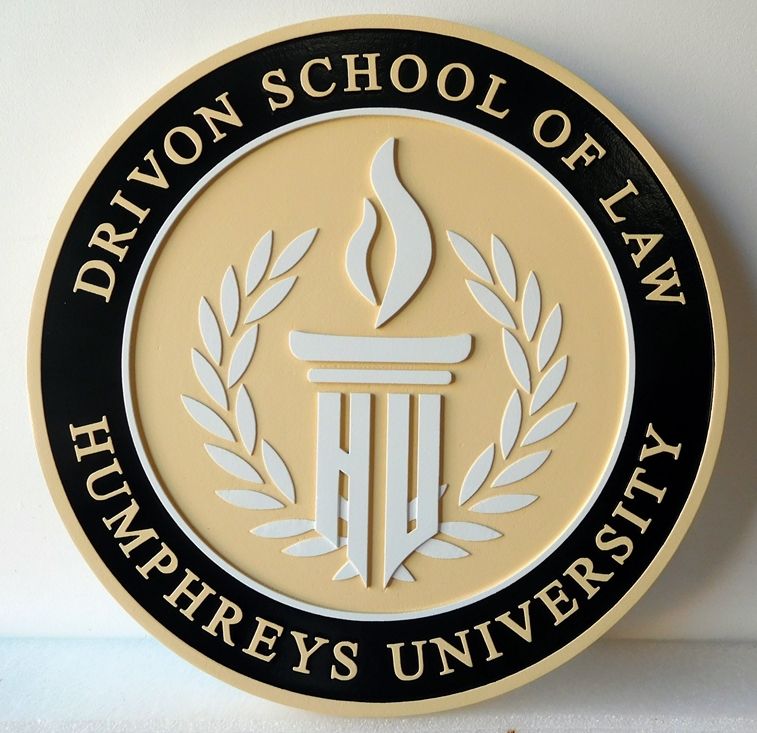 A10198 - Carved, HDU, Round Wall Plaque for Drivon School of Law, Humpfreys University with Laurel Wreath, Flame and Altar