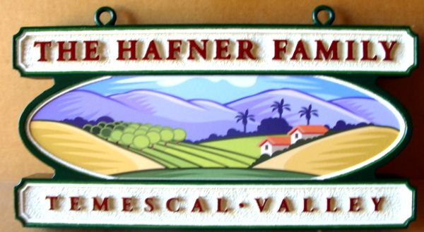 I18751 -Carved and Sandblasted HDU Property Name Sign, with Long-Lasting Digitally Printed Vinyl Decal of Temescal Valley Scene