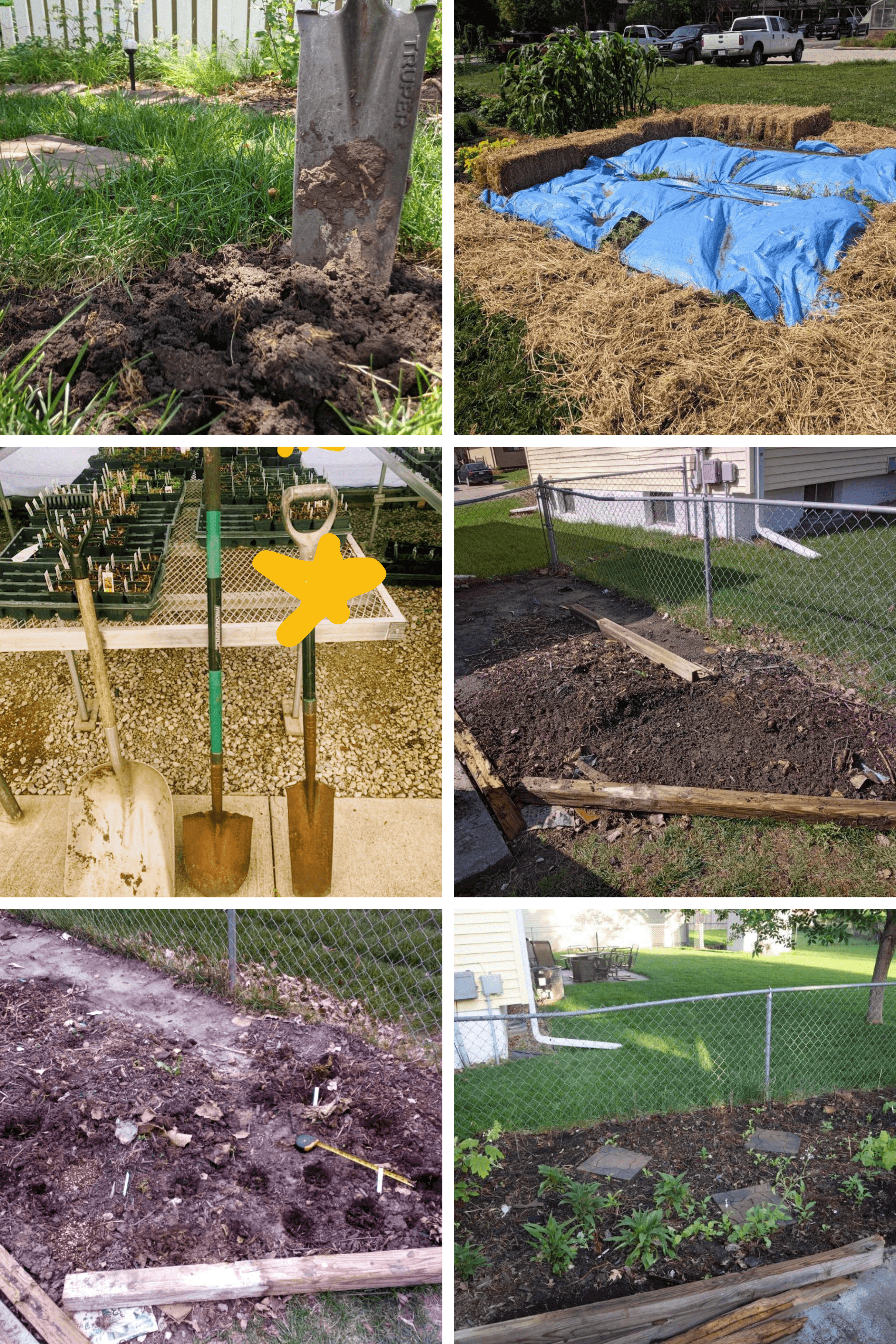 Photos demonstrating how to "chunk" up the soil with a shovel, solarize a garden to kill turf and weed seed with plastic tarps, the correct sharp shovel to use, and a garden with organic matter over cardboard over sod.