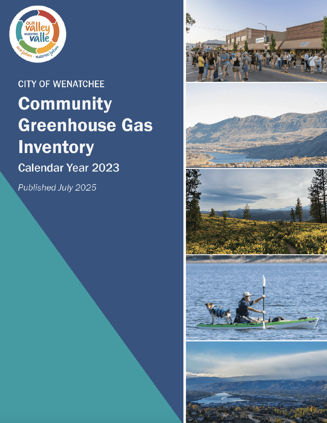 Report cover showing the title "City of Wenatchee Community Greenhouse Gas Inventory. Calendar Year 2023, Published July 2025". Small inset photos on the report show a crowd of people outside shops, mountains, a kayaker with a dog, and smoke in the air. 