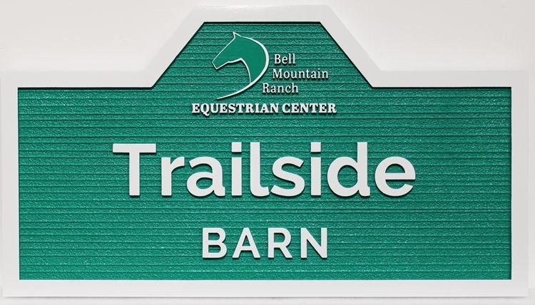 O24825 - Carved and Sandblasted Wood Grain HDU Sign for  the Trailside Barn, with a Stylized Horse's Head as Artwork