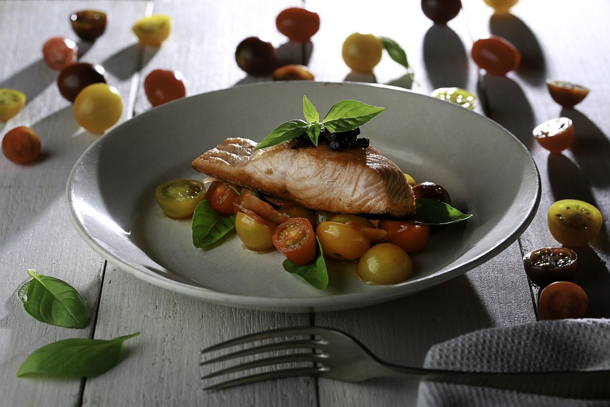 Seared Salmon with Cherry Tomato Basil Topping